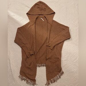 Free People Brown Hooded Cardigan with Fringe